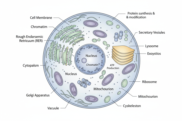 Cross-section of an animal cell with labeled organelles