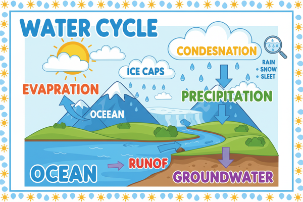 The water cycle with chemical equations for each phase change