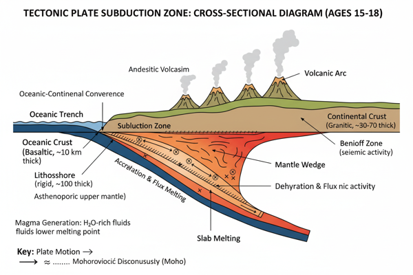 Cross-section of tectonic plate subduction zone with labeled layers