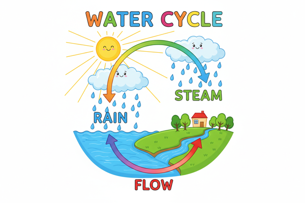 Water cycle diagram with precipitation, evaporation, and runoff