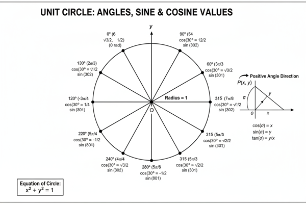 Unit circle with all standard angles, sine and cosine values