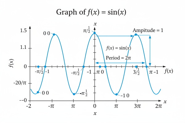 Graph of f(x) = sin(x) with period, amplitude, and key points labeled