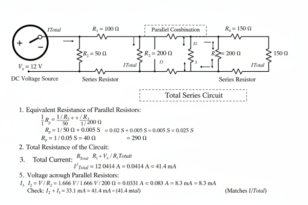 Simple DC circuit with resistors in series and parallel
